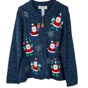 Vintage Tiara International Christmas Santa Blue Cardigan Sweater Sz. XL